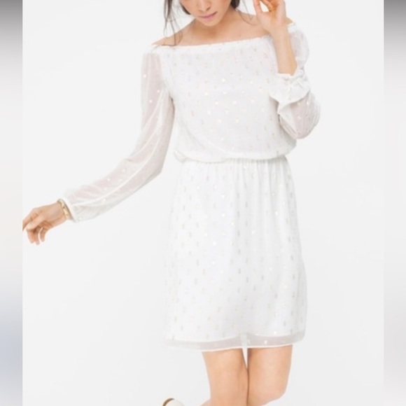 White House Black Market Dresses & Skirts - White House Black Market Off Shoulder Dress White with Gold detail size Medium